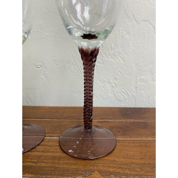 Pair of Vintage Etched Grapevine Wine Glasses with Purple Crafted Stems - Picture 3 of 5